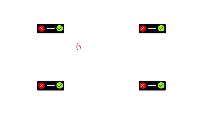 切换开关与红色的十字和绿色的复选标记指示关闭和打开选项孤立动画在白色背景上。