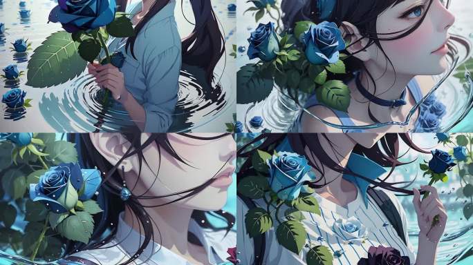AI蓝玫瑰 美女 抽象艺术