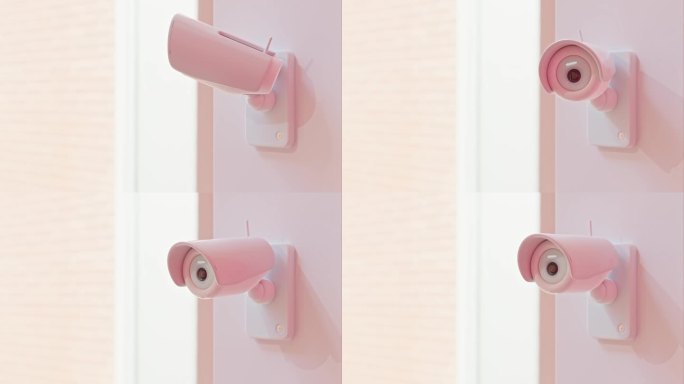 安全闭路电视摄像头可爱的形状和粉色柔和的颜色为儿童房。透镜的选择性焦点。技术与创新理念。