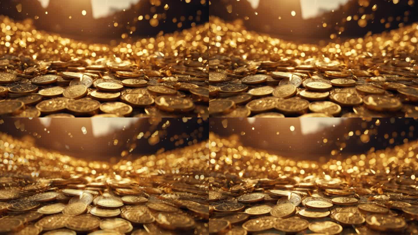 4k宽屏金币堆黄金金钱硬币财富背景 V