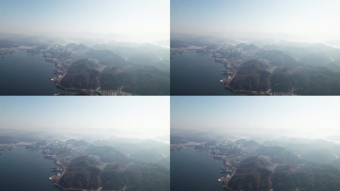 鸟瞰中国浙江杭州楚南千岛湖的美丽景观。蓝色的湖水和蓝天，湖中成千上万的小岛，4k实时镜头，无人机视图