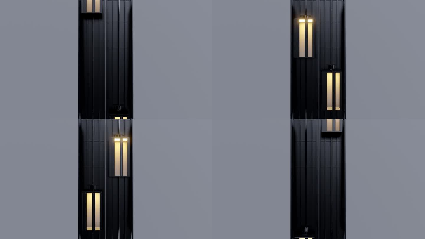 两个开放的玻璃透明电梯舱，光线在墙壁上移动，住宅，办公室或酒店。逼真的3d动画。