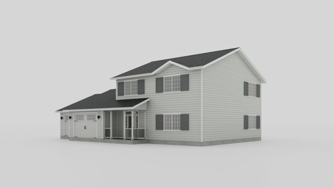 传统美式风格的独立住宅，白色背景上有两个车库。框架房屋建造的概念性视频。三维动画