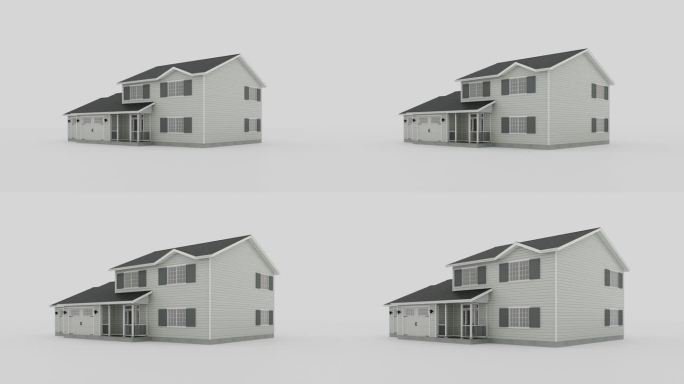 传统美式风格的独立住宅，白色背景上有两个车库。框架房屋建造的概念性视频。三维动画