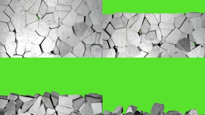 倒塌的白色墙壁，巨大的石头，爆炸。3 d动画。色度键，绿屏。