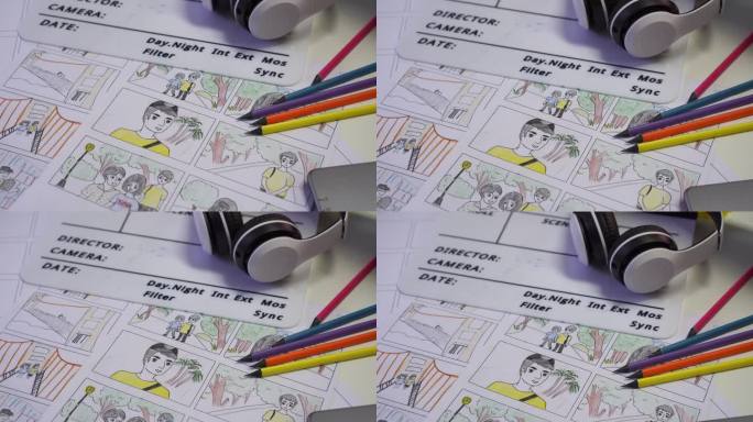 电影概念前期制作的故事板视频:耳机在石板上，彩色铅笔和电脑在草图板模板布局媒体上绘图。工作室流程设计