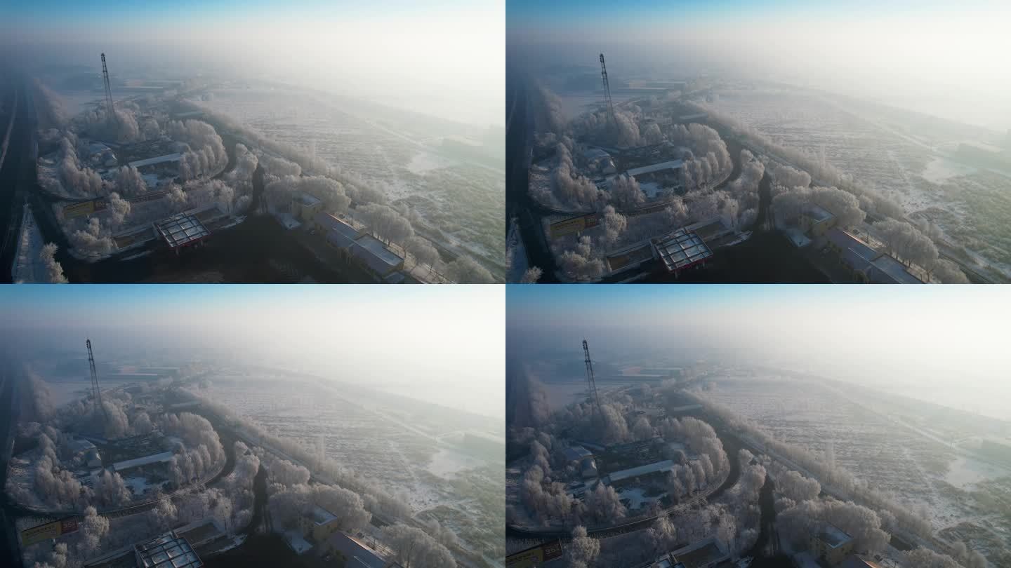 京哈高速公路冬季风光雾凇日出朝阳航拍