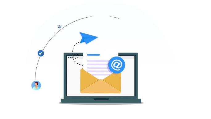 电子邮件营销活动设计平面动画与信封发送电子邮件在笔记本电脑屏幕上。邮寄业务人员目标。