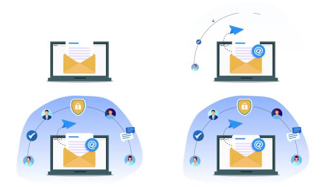 电子邮件营销活动设计平面动画与信封发送电子邮件在笔记本电脑屏幕上。邮寄业务人员目标。