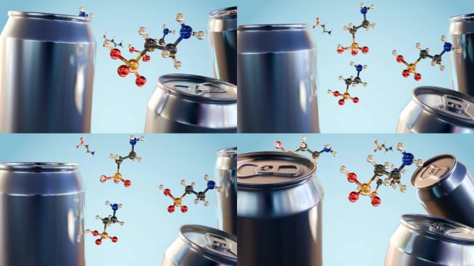 牛磺酸分子和无品牌能量饮料锡罐的3d动画