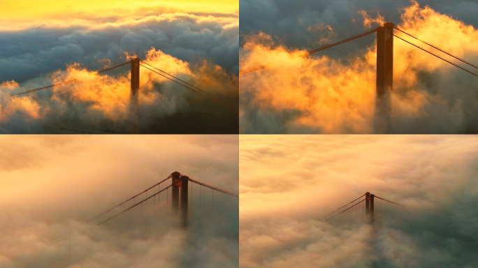 海上平流雾云海日出舟山跨海大桥西堠门大桥