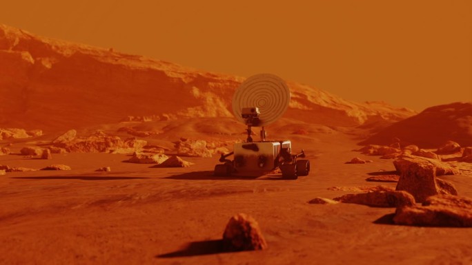 小型火星车在火星红色星球表面探索