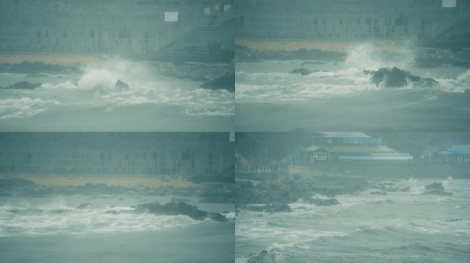 【4K】海岸浪花在风雨中冲刷礁石