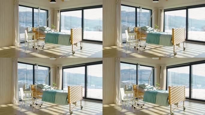 私立现代医院房间里的空的、可调节的床。