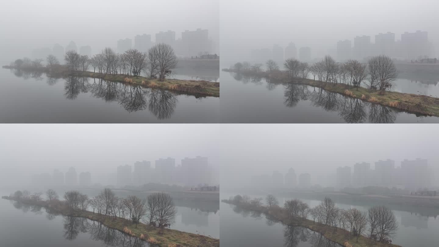航拍襄阳冬天大雾汉江河流城市风光自然风景