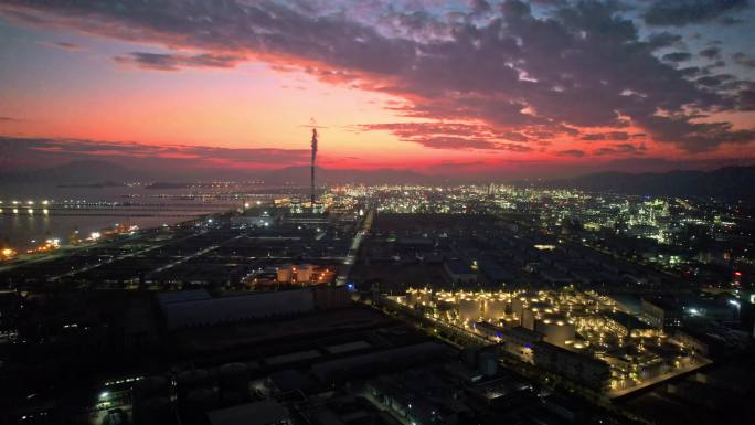 惠州大亚湾石化区火烧云夕阳夜景大景航拍