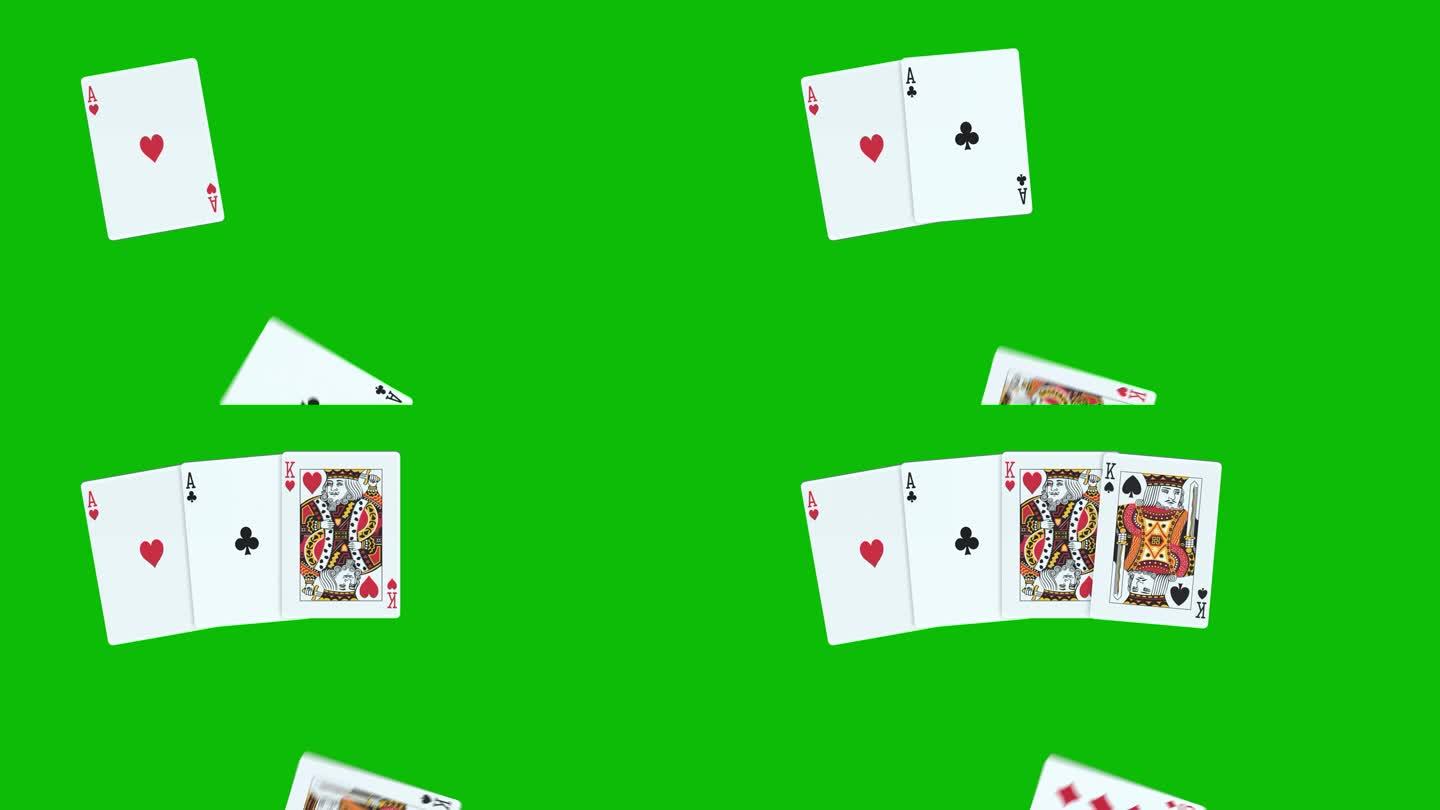 由两对扑克牌组成的手牌，在绿屏上依次抛出扑克牌3D动画，扑克牌动画，发扑克牌动画。赢牌手两对组合2