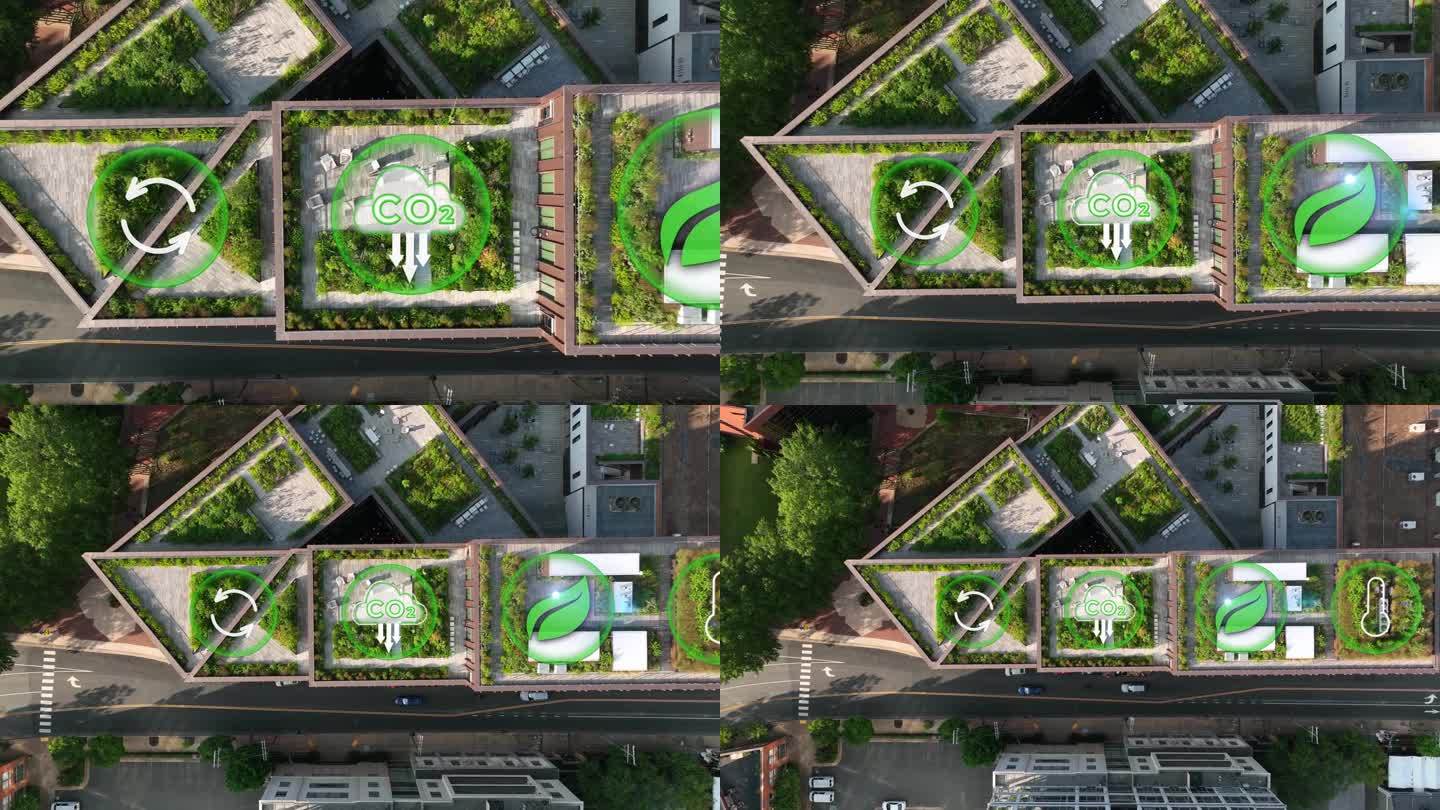城市中的绿色屋顶花园。循环利用，二氧化碳减少，绿色空间，和全球变暖的动态图形。碳排放、气候变化、ES