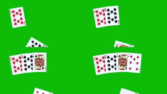 一副扑克牌由一对牌组成，在绿屏上有逐张掷牌的3D动画，扑克牌动画，发牌扑克动画。赢牌手一对组合4