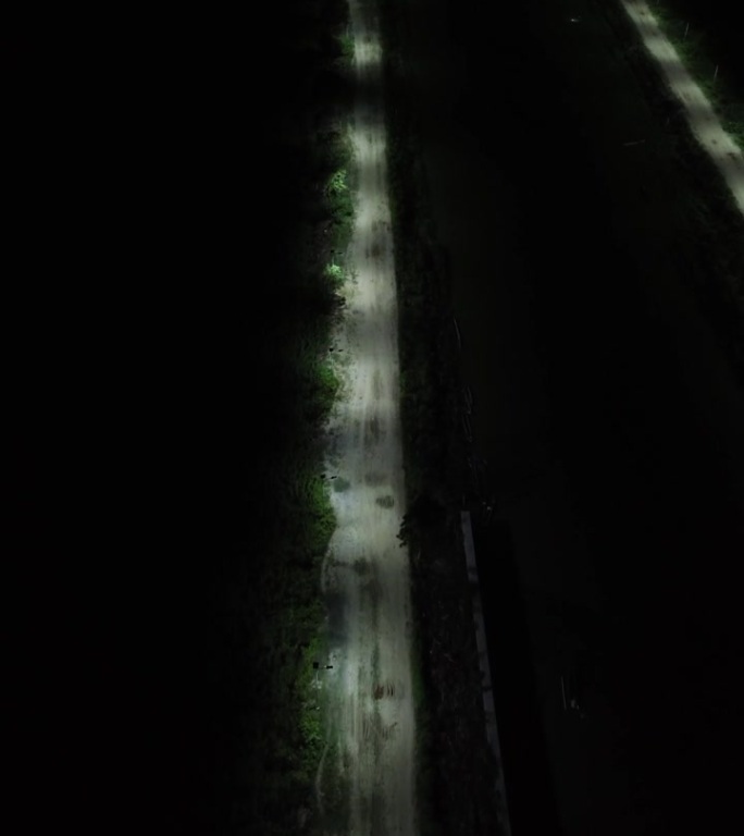 夜间无人街道的垂直无人机画面。印度尼西亚哥伦塔洛林波托湖边缘的一排路灯的垂直视频