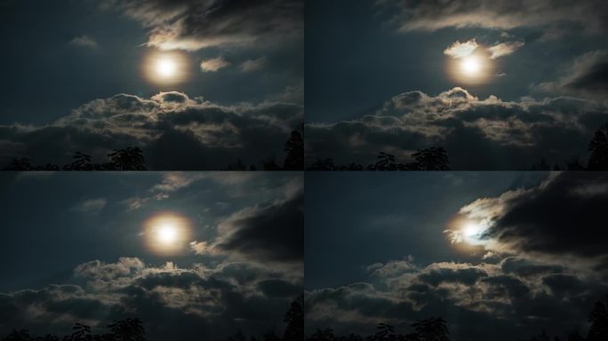 夜晚满月随云移动的时间变化