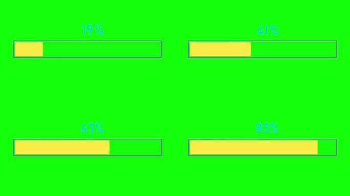 简单的彩色进度或加载器栏动画。加载器条从零到百分之百的绿色背景。4K分辨率动画。