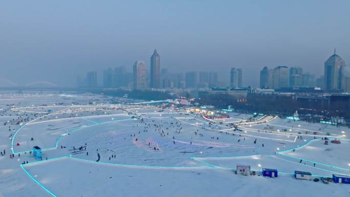 中国黑龙江哈尔滨松花江冰雪嘉年华夜景航拍