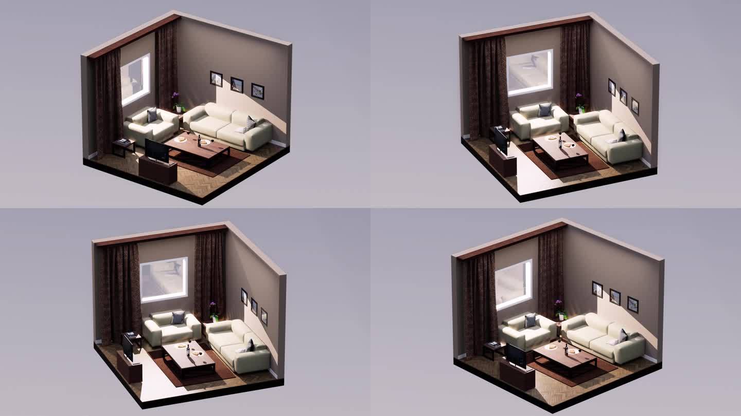 三维等距客厅，配有奶油色沙发和椅子，电视架，桌子，左右旋转，接缝循环3D动画，室内设计3D场景