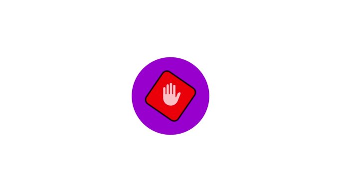 动画停止手势图标与紫色六边形在一个白色的背景。