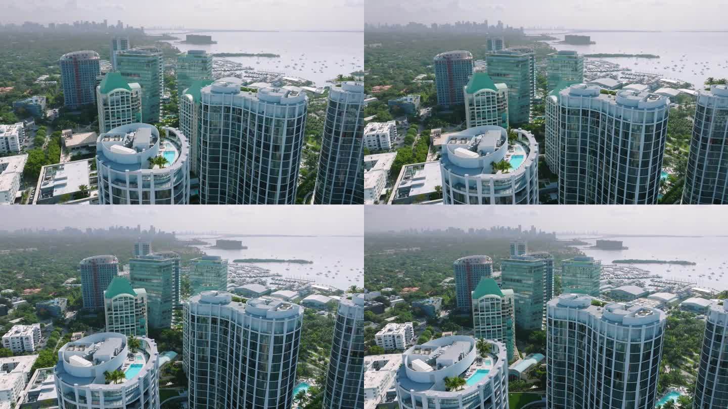 美国佛罗里达州迈阿密椰林社区的市中心办公区鸟瞰图。现代美国大都市的高档商业和住宅摩天大楼