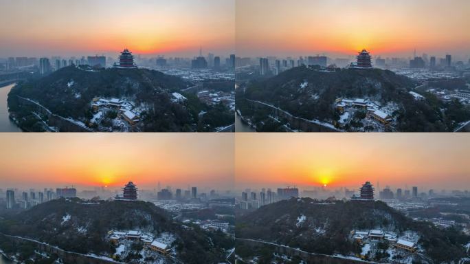 南京雪后的阅江楼日出航拍延时