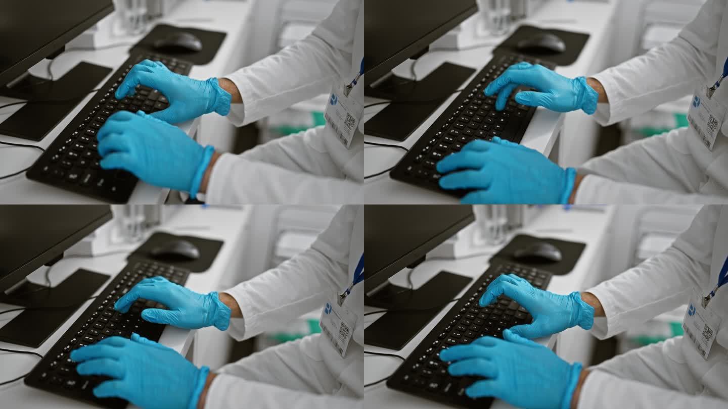 在一个嘈杂的研究实验室中心，热情的白人男性科学家在他的电脑上狂热地打字。