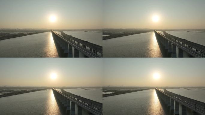 泉州湾跨海大桥航拍泉州湾大桥日落夕阳海景