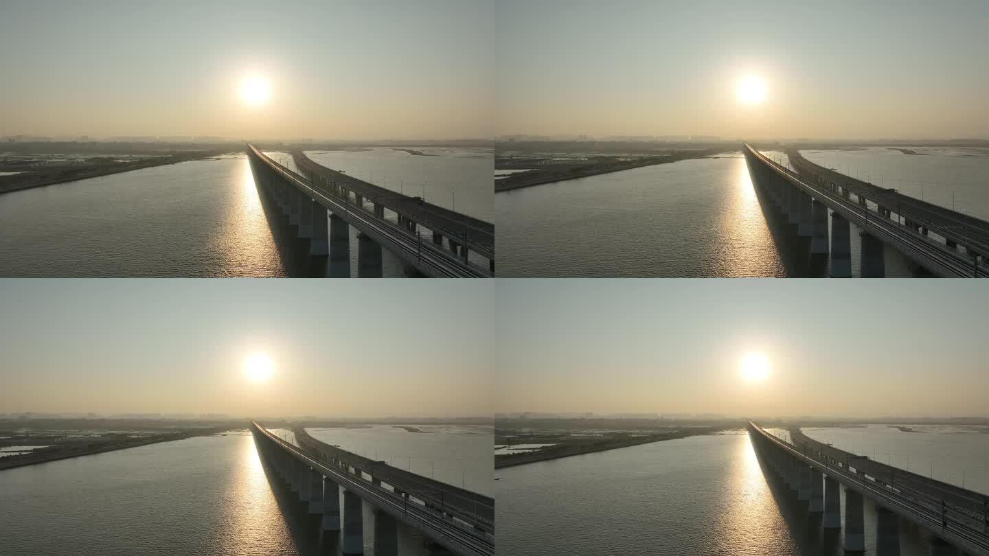 泉州湾跨海大桥航拍泉州湾大桥日落夕阳海景
