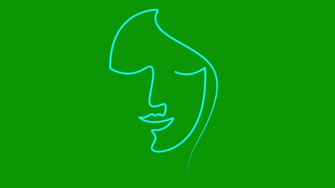 一个女人的动画蓝色线性脸逐渐绘制。丝带上漂亮女孩的头像。一行。美的概念。毛圈的视频。矢量插图隔离在绿