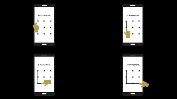 智能手机模式锁定安全动画Alpha通道。手机安全保护和安全锁屏密码。解锁密码界面。手机模式认证触摸屏