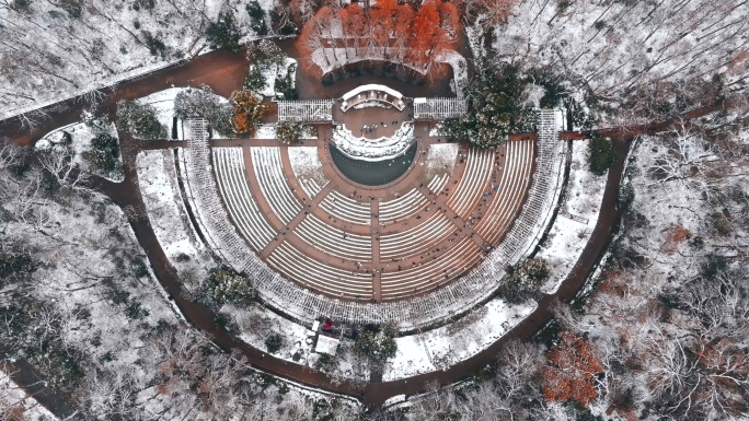 南京钟山景区音乐台鸽子飞舞雪景航拍