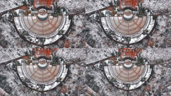 南京钟山景区音乐台鸽子飞舞雪景航拍