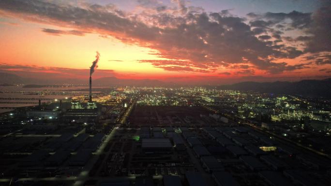 惠州大亚湾石化区火烧云夕阳夜景大景航拍