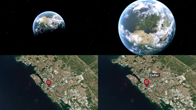 扎达尔城市地图从太空到地球缩放，克罗地亚