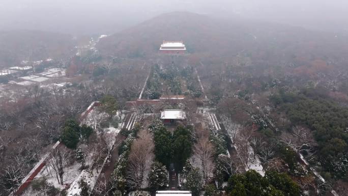 南京明孝陵景区雪景航拍一镜到底