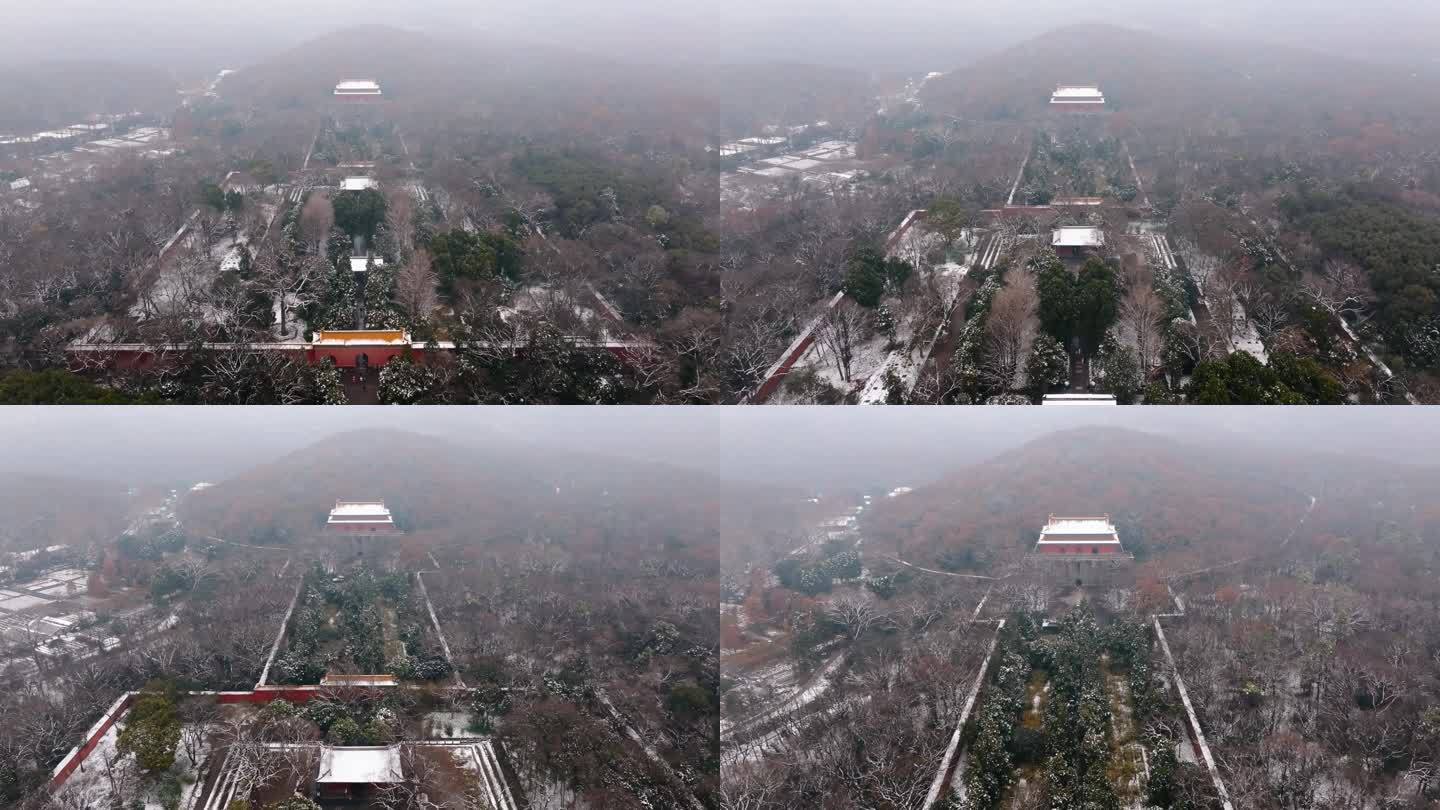 南京明孝陵景区雪景航拍一镜到底