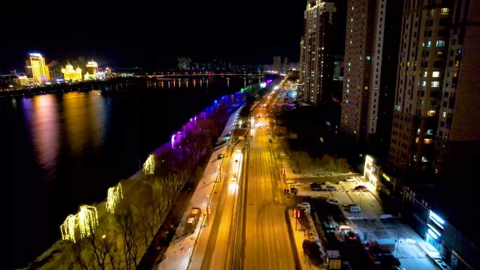 吉林市城市夜景松花江吉林大桥冬季风光航拍