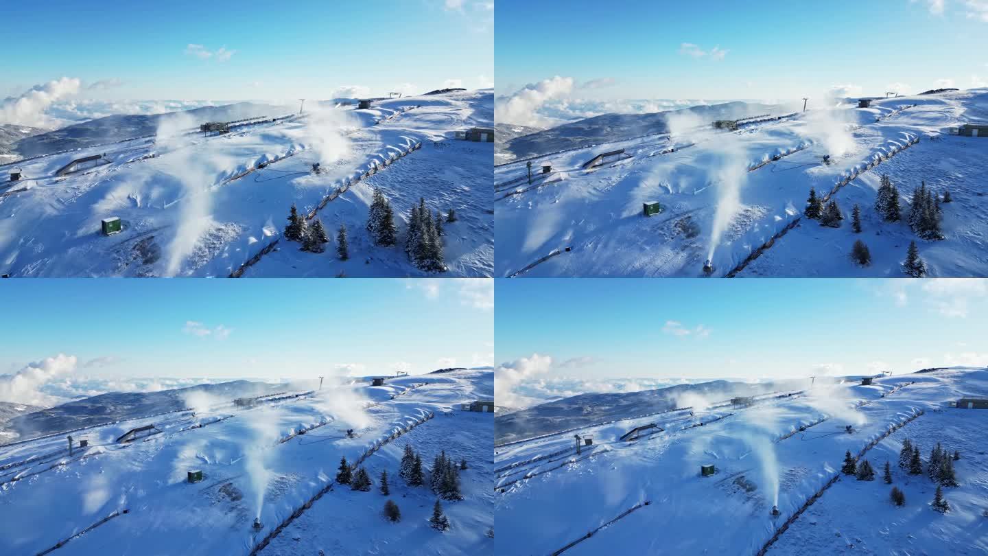 在奥地利的滑雪道上，造雪枪制造人造雪