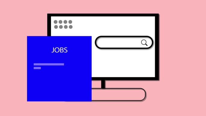 电脑显示器显示一个搜索栏和一个粉红色背景上标有JOBS的文件夹。