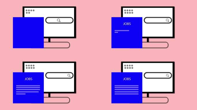 电脑显示器显示一个搜索栏和一个粉红色背景上标有JOBS的文件夹。