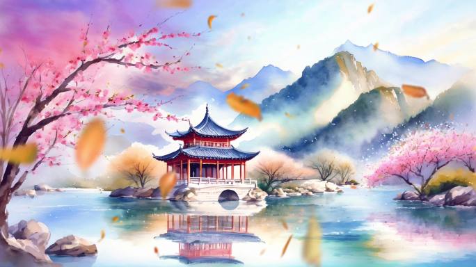 水墨画中式建筑背景彩色倒影樱花