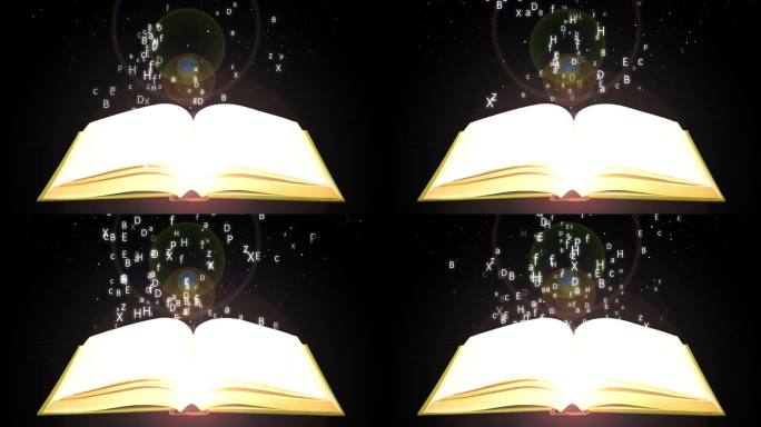 魔法书与字母粒子飞起来。童话书与发光的光和字母动画