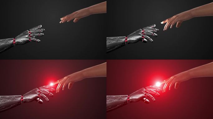 人工智能机器人和人类手指连接。电流。