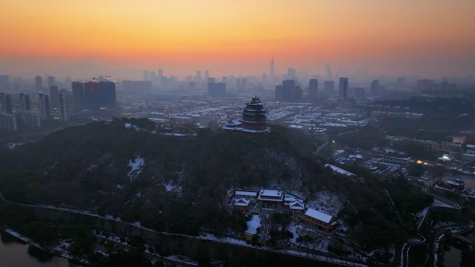 南京阅江楼日出雪景航拍